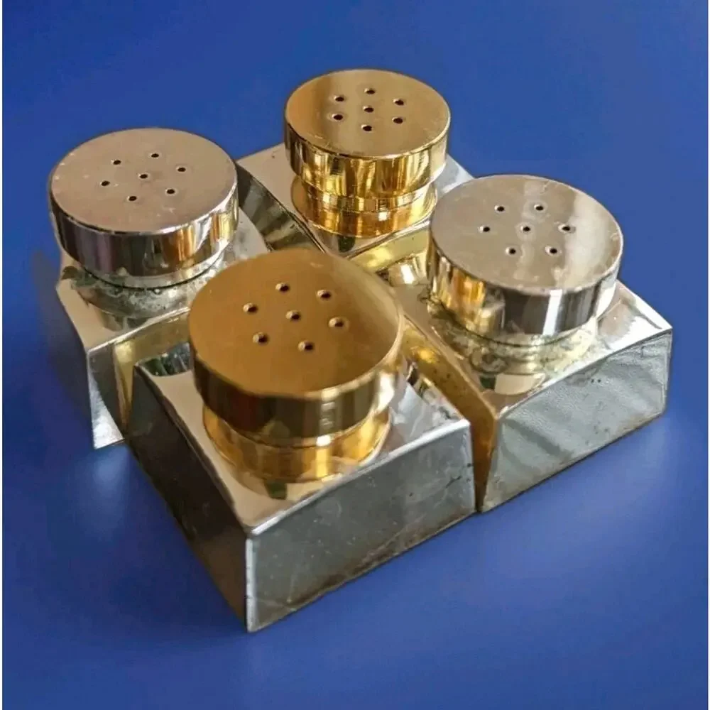 MCM Atomic Chrome Gold Salt Pepper Shakers Set Japan 1960s Mod Cube